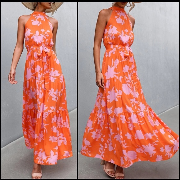 boutiques Dresses & Skirts - 🌸Floral halter maxi dress in orange/pink tie waist tunic ruffle